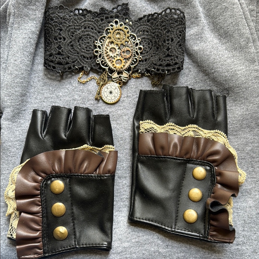 Steampunk Lace Choker and Gloves Set - Black and Brown